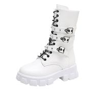 Generisch Bottes mollets larges pour femme, printemps et hiver épaisses punk jolies bottes, orteils ronds, couleur unie, plateforme antidérapante, boucle de ceinture, bottes de moto mi-mollet, Blanc