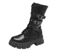Generisch Bottes mollets larges pour femme, printemps et hiver épaisses punk jolies bottes, orteils ronds, couleur unie, plateforme antidérapante, boucle de ceinture, bottes de moto mi-mollet, Noir