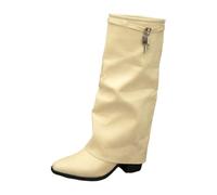 Generisch Bottes pliables pour femme avec talon et boucle | Bottes mi-longues élégantes à bout pointu pour l'hiver, chaudes et confortables, avec talon bloc et boucle