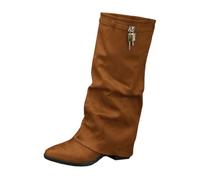 Generisch Bottes pliables pour femme avec talon et boucle | Bottes mi-longues élégantes à bout pointu pour l'hiver, chaudes et confortables, avec talon bloc et boucle