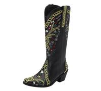 Generisch Bottes pour femme avec mollet large - Bottes d'hiver en cuir - Brodées - Talon bloc - Antidérapantes - Chaussures pour femme - Grandes chaussures à talon compensé, Noir , 32 EU
