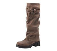 Generisch Bottes pour femme avec mollet large, semelle épaisse, talon bloc uni, boucle de ceinture, chaussures plateau, commerce extérieur, bottes mollet, marron, 39 EU