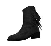 Generisch Bottes pour femme avec talon à franges, bottines de cowboy en daim souple et antidérapante, bottes de randonnée à franges, style vintage, bottines de cheville, bottines d'hiver courtes, Noir