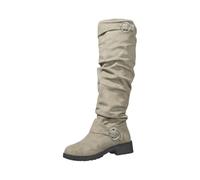 Generisch Bottes pour femme - Bottes de cowboy larges en daim - Bottes longues avec boucle - Vintage - Bottes d'équitation rondes - Bottes western - Bottes à enfiler pour femme, beige, 35 EU