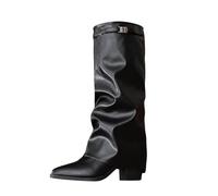 Generisch Bottes pour Femme Shark Boots - Bottes Cowboy Confortables avec Bout Pointu et Large Empiècement Plateau - Talon Haut - Bottes Longues jusqu'au Genou - Bottes d'Hiver Chaudes et Confortables