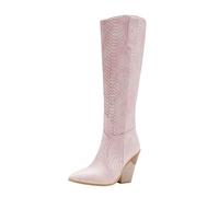 Generisch Bottes western montantes au genou avec une belle impression, bottes épaisses en forme de mollet pour femme avec talon épais empilable et bout pointu, Rose, 38 EU