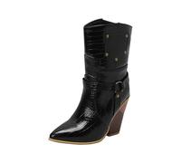 Generisch Bottes western pour femme - Bottes de cowboy à bout pointu - Bottes mi-mollets à enfiler avec talon bloc - Bottes de cowboy western à talons hauts, Noir , 39 EU