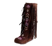 Generisch Bottes western pour femme - Fermeture brodée - Franges - Ornement mi-mollet - Hauteur genou - Talon plat - Bottes de neige longues - Bottes d'hiver doublées, marron, 42 EU