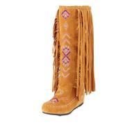 Generisch Bottes western pour femme - Fermeture brodée - Franges - Ornement mi-mollet - Hauteur genou - Talon plat - Bottes de neige longues - Bottes d'hiver doublées, jaune, 41 EU