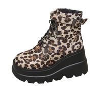 Generisch Bottines à lacets pour femme - Semelle profilée - Talon compensé - Motif léopard - Bottines à la cheville - Bottes de moto pour femme - Avec fermeture éclair latérale, beige, 42 EU