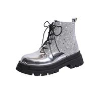 Generisch Bottines à paillettes pour femme - Plateforme épaisse - Talon plat - Bout rond - Pointe jusqu'à l'automne et l'hiver - Bottes de fête en cuir brillant - Bottes courtes à lacets, argenté, 40