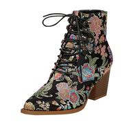 Generisch Bottines Chelseaboots pour femme avec talon à laçage - Jacquard brodées - Bottines à talons hauts - Bottines à lacets rétro - Grandes tailles - Bottes courtes pour l'extérieur, Noir , 41 EU