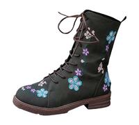 Generisch Bottines de chevalier vintage avec broderie, talon bloc, bottines à lacets, fermeture éclair, chaussures basses à lacets, bottines rétro mi-hautes, bottines avec talon à lacets, bottines à