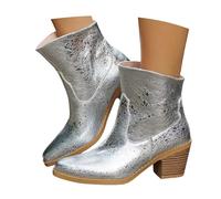 Generisch Bottines de cowboy pour femme - Style rétro - Avec talon bloc - Tête carrée - Grande taille - Chaussures élégantes à talons hauts - Bottes de costume - Bottes courtes - Argent, argenté, 37
