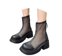 Generisch Bottines de style britannique avec talon mi-haut, design en maille creuse, bout rond, talon zippé, bottines tendance pour femme, Noir , 41 EU