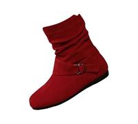 Generisch Bottines de transition plates pour femme - En daim - Avec boucle - Couleur unie - Bottes de cowboy - Talon bloc - Bottes de plein air - Bottes western - Bottes pour femme, rouge, 38 EU