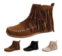 Generisch Bottines plates en daim pour femme - Avec franges - Élégantes - Bottines courtes - Couleur unie - Bout rond - Bottes d'hiver à franges - Bottes de neige d'extérieur, Noir , 40 EU