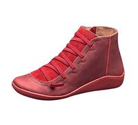 Generisch Bottines pour femme - Bottines plates à lacets en cuir synthétique imperméable - Bottes orthopédiques avec fermeture éclair - Automne et hiver - Bottes rétro pour femme, rouge, 41 EU