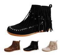 Generisch Bottines western pour femme - En daim - Avec pompon - Plates - Pour l'automne et l'hiver - Bottes à franges - Bottes western vintage - Antidérapantes, Noir , 42 EU