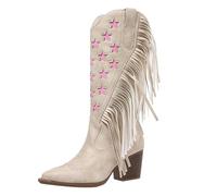 Generisch Bottines western pour femme - Talon bloc - Bottes à franges - Bottes de cheville - Bottes d'hiver élégantes à enfiler - Bottes en cuir - Bottes de chevalier tendance, Blanc., 43 EU