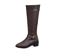 Generisch Boucle de ceinture pour femme de style britannique - Fermeture éclair latérale décorative - Bottes longues en cuir synthétique pour une mode d'hiver élégante avec talon bloc robuste, café