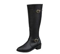 Generisch Boucle de ceinture pour femme de style britannique - Fermeture éclair latérale décorative - Bottes longues en cuir synthétique pour une mode d'hiver élégante avec talon bloc robuste, Noir