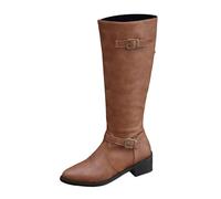 Generisch Boucle de ceinture pour femme de style britannique - Fermeture éclair latérale décorative - Bottes longues en cuir synthétique pour une mode d'hiver élégante avec talon bloc robuste, marron