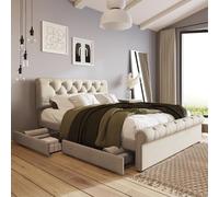 Generisch Cadre de lit avec 4 tiroirs, lit double rembourré, 140 x 200 cm, tête de lit réglable en hauteur, lit fonctionnel Chesterfield, naturel, sans matelas