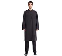 Generisch Caftan Hommes Manches Longues Musulman Thobe avec Poches Couleur Unie Islamique Dubaï Hommes Robes Musulmanes Ramadan Robes et Pantalons Deux Pièces Middle East Thobe avec Pantalon, O Noir