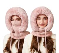 Generisch Cagoule 3 en 1 pour femme - Bonnet d'hiver - Coupe-vent - Chaud - En polaire - Avec écharpe et masque facial - Pour le quotidien et l'extérieur, 01-10 - Rose, taille unique