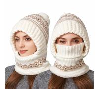 Generisch Cagoule 3 en 1 pour femme - Bonnet d'hiver - Coupe-vent - Chaud - En polaire - Avec écharpe et masque facial - Pour le quotidien et l'extérieur, 01-5 - Blanc, taille unique