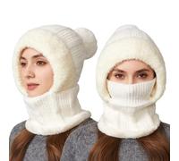 Generisch Cagoule 3 en 1 pour femme - Bonnet d'hiver - Coupe-vent - Chaud - En polaire - Avec écharpe et masque facial - Pour le quotidien et l'extérieur, 01-9 - Blanc, taille unique