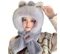 Generisch Cagoule avec écharpe oreilles - Bonnet d'hiver mignon - Coupe-vent - Multifonction - Chaud - Bonnet de ski doux 2 en 1 - Chauffe-nuque - Bonnet en laine pour la randonnée et le ski, gris