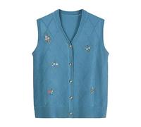Generisch Cardigan 2026 pour femme printemps décontracté confortable tricoté floral brodé devant ouvert col en V, bleu, taille unique