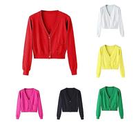 Generisch Cardigan court en coton pour femme avec poches, col en V élégant, printemps, automne, cardigan léger à manches longues, couleur unie, coupe ajustée, boutonné, haut, Blanc., XXXL