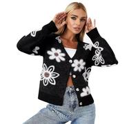 Generisch Cardigan court en tricot pour femme - Col en V - Boutonnière - Pull ouvert à l'avant - Élégant et décontracté - Veste à manches longues - Manteau d'hiver, Noir , L