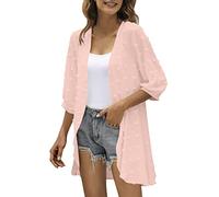 Generisch Cardigan décontracté pour femme avec manches trois-quarts, ouvert sur le devant, cardigan léger à pois, cardigan drapé à volants, Rose, M
