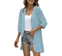 Generisch Cardigan décontracté pour femme avec manches trois-quarts, ouvert sur le devant, cardigan léger à pois, cardigan drapé à volants, bleu ciel, XL