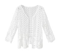 Generisch Cardigan d'été à manches longues pour femme - En tricot au crochet - Motif floral - Couverture avant ouverte - Maille ondulée - Manteau de plage, Blanc., taille unique
