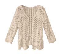 Generisch Cardigan d'été à manches longues pour femme - En tricot au crochet - Motif floral - Couverture avant ouverte - Maille ondulée - Manteau de plage, beige, taille unique