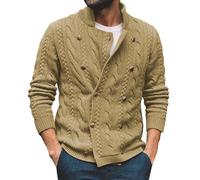Generisch Cardigan en tricot pour homme avec boutons, veste de transition, motif tressé, col montant, pull en tricot, couleur unie, vintage, cardigan, veste de loisirs, veste de survêtement