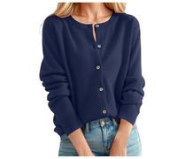 Generisch Cardigan Femme Col Rond Cachemire Cardigan Boutonné Décontracté Pull Tricoté Vintage Léger Manches Longues Classique Veste Femmes Pull, bleu foncé, XXL