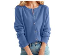 Generisch Cardigan Femme Col Rond Cachemire Cardigan Boutonné Décontracté Pull Tricoté Vintage Léger Manches Longues Classique Veste Femmes Pull, bleu ciel, XL