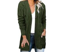 Generisch Cardigan long en tricot épais pour femme - Cardigan amusant et épais avec col en V - Pull en tricot chaud - Manteau d'hiver mi-saison doux avec boutons, Vert armée., L