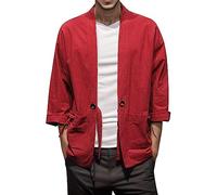 Generisch Cardigan pour homme à col roulé rétro, cardigan fin et ample, kimono, robe japonaise, 7 manches coupées, manteau, grande taille, trang, manteau rétro avec homme noir, rouge, M