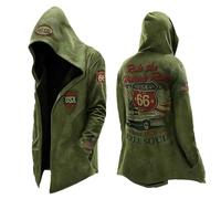 Generisch Cardigan vintage pour homme de style motard - Manteau à capuche avec imprimé Route 66 - Veste sweat décontractée avec écussons américains pour un look rétro, Style_q01 Vert, XXL