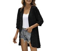 Generisch Cardigans d'été pour hommes avec manches trois-quarts, ouvert sur le devant, cardigan léger à pois, cardigan drapé à volants cardigan de plage kimono court, Noir , XL