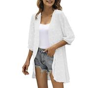Generisch Cardigans d'été pour hommes avec manches trois-quarts, ouvert sur le devant, cardigan léger à pois, cardigan drapé à volants cardigan de plage kimono court, Blanc., S