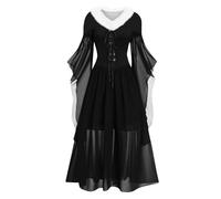 Generisch Carnival Costume Femme Patchwork Art Col en V Manches Longues Col en V Robe asymétrique, Noir , 3XL