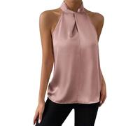 Generisch Ceinture chauffante pour maux de dos - Débardeur élégant en satin pour femme avec trou de serrure à l'avant et sans manches - Col roulé sexy, Rose clair, L